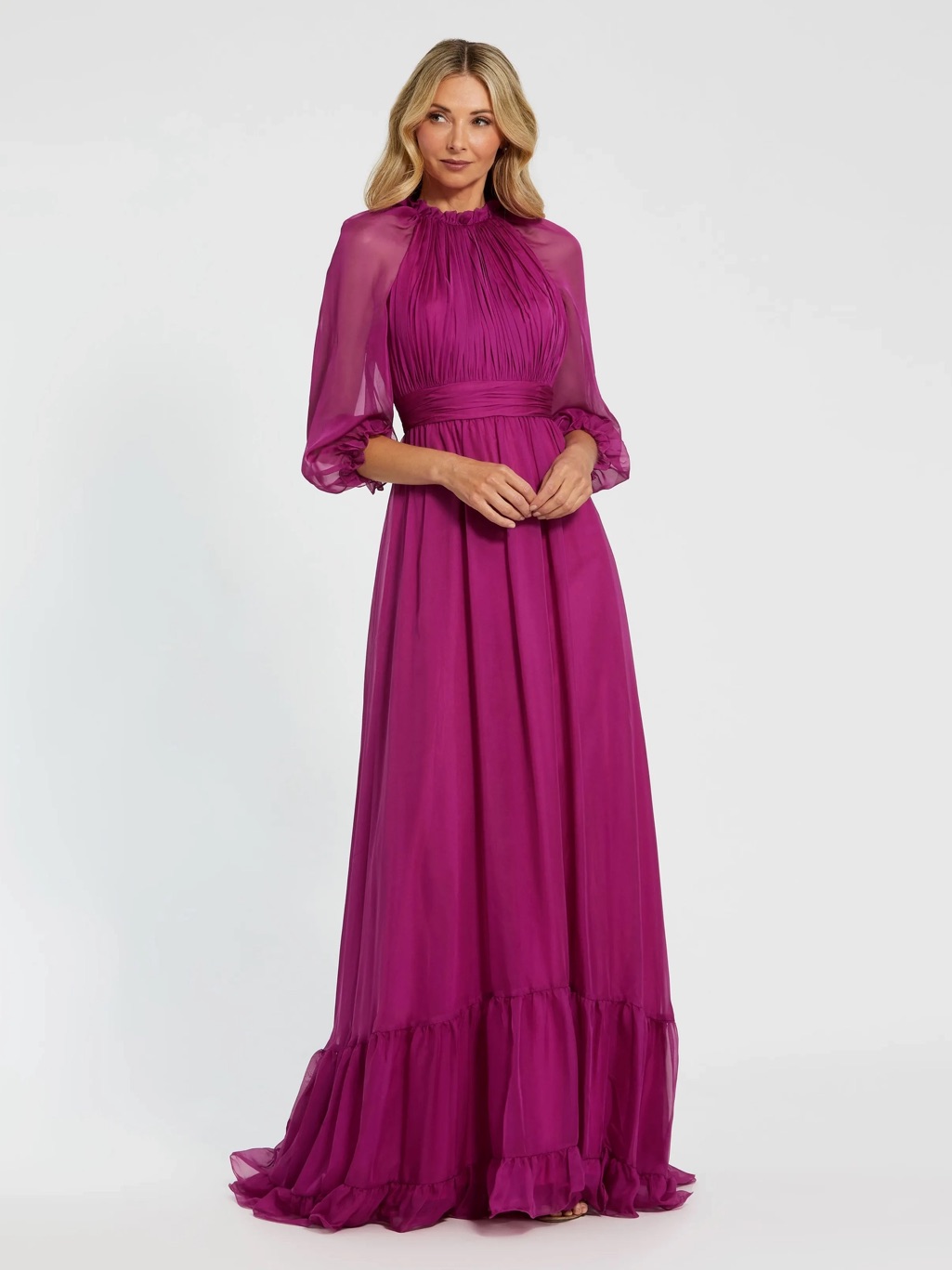 Mac Duggal 68225 Long A-Line Dress Quarter Sleeve Waistband Magenta Size 20